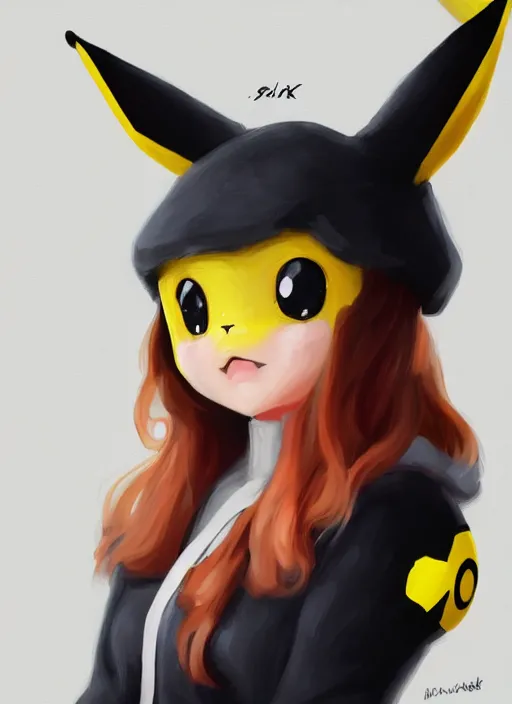 Image similar to a portrait of a girl in pikachu costume, grim - lighting, high - contrast, intricate, elegant, highly detailed, digital painting, artstation, concept art, smooth, sharp focus, illustration