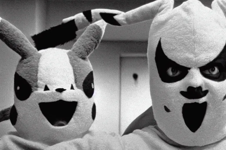 Image similar to Jack Nicholson dressed up in costume of Pikachu, scary, horror, still from the film by Stanley Kubrick