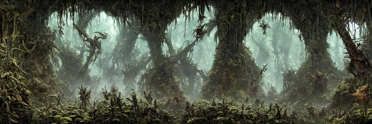 Prompt: underground cave on an exotic alien planet, dark jungle archways of antler trees in the background, weed overgrowth, insectile plants, demon faces, skulls, by ian miller, rodney matthews and artstation, photorealistic render