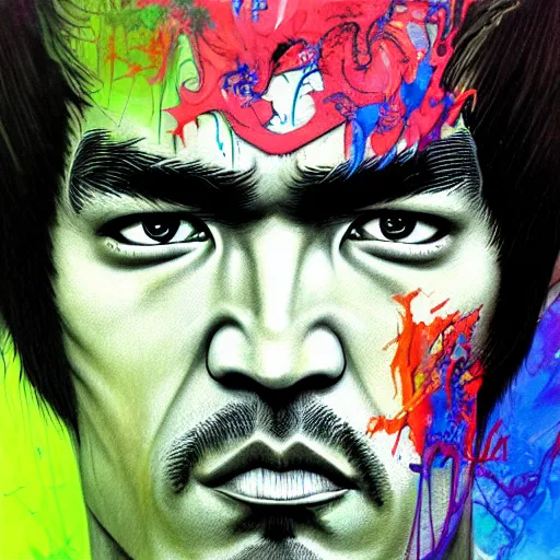 Image similar to a demon slayer portrait of bruce lee, tall, pale - skinned, and slender with lime green eyes and long eyelashes by stanley artgerm, tom bagshaw, arthur adams, carne griffiths, trending on deviant art, street art, face enhance, chillwave, maximalist, full of color, glittering