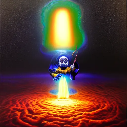 Image similar to peer into the depths of the endless cosmic void, shine a light on your darkest terror. the wizard claybore, robert vardeman oil on canvas, photographic hyperrealism