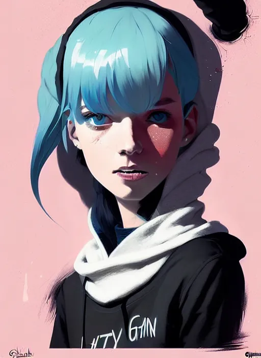 Image similar to highly detailed portrait of a urban punk lady student, blue eyes, hoodie, white hair by atey ghailan, by greg rutkowski, by greg tocchini, by james gilleard, by joe fenton, by kaethe butcher, gradient black, brown and pink color scheme, grunge aesthetic!!! ( ( graffiti tag wall background ) )