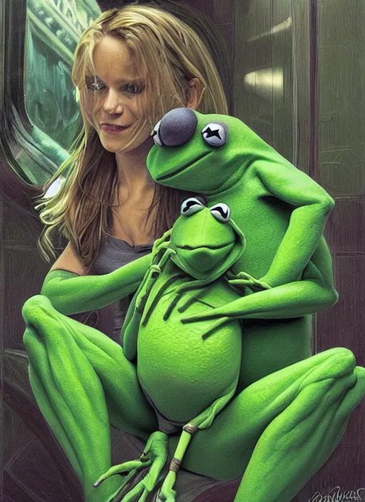 Image similar to portrait of Kermit the frog in ExistenZ (1999), highly detailed, centered, solid color background, digital painting, artstation, concept art, smooth, sharp focus, illustration, artgerm, donato giancola, Joseph Christian Leyendecker, Les Edwards, Ed Repka, WLOP, Artgerm