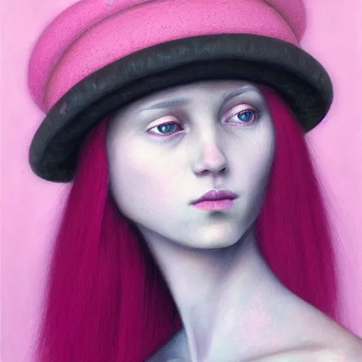 Image similar to portrait of beautiful young woman with flowing pink hair, wearing a black French beret hat, dark fantasy, Warhammer, artstation painted by Zdislav Beksinski and Wayne Barlowe