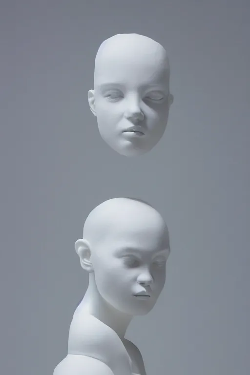 Prompt: full head and shoulders, beautiful female white, porcelain sculpture, with huge perspex bubbles attached to head, by daniel arsham and james jean, on a white background, delicate facial features, white eyes, white lashes