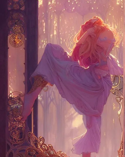 Image similar to secret romance, highly detailed,, gold filigree, romantic storybook fantasy, soft cinematic lighting, award, disney concept art watercolor illustration by mandy jurgens and alphonse mucha and alena aenami, pastel color palette, featured on artstation