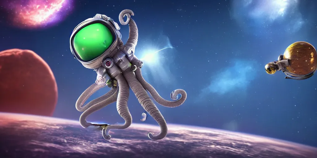 Image similar to octopuss astronaut in outer space, toon shading, ultrarealistic, octane render, nebula