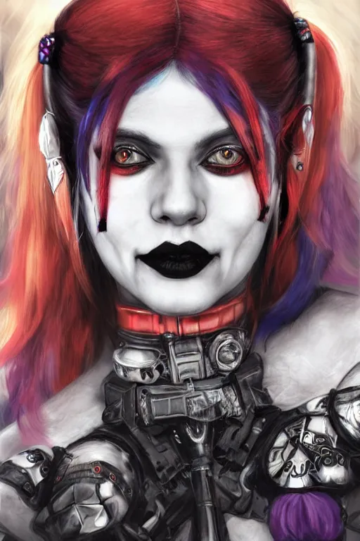 Image similar to portrait of young cute beautiful gothic Harley Quinn, cyberpunk, Warhammer, highly detailed, artstation, illustration, art by Gustav Klimt