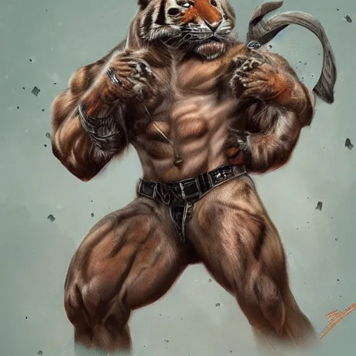 Image similar to aesthetic commission portrait of a muscular furry anthro tiger,holding a pistol,detailed face,hyperdetailed,photorealistic,art by ross tran,artgerm,character design by charles bowater,deviantart,artstation,dramatic