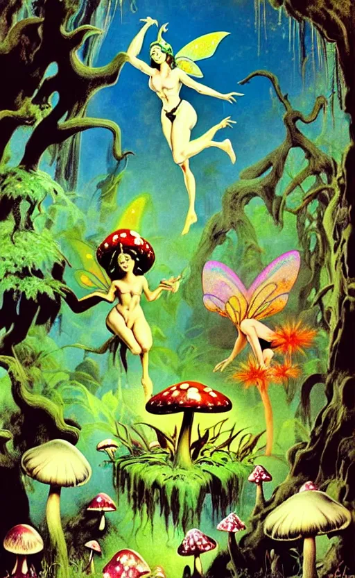 Prompt: psychedelic fairies in an enchanted forest with mushrooms on the ground wide angle shot, white background, vector art, illustration by frank frazetta and salvador dali