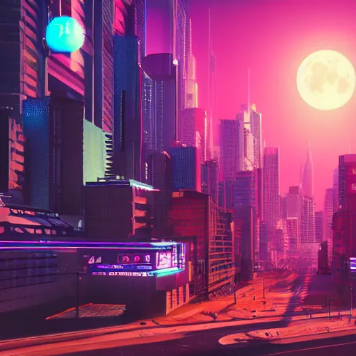 Image similar to a cityscape with a big moon, vaporwave, synthwave, glowing neon lights, detailed illustration, octane render, god rays, intricate, epic lighting, cinematic composition, hyper realistic, 8 k resolution, unreal engine 5, by artgerm, tooth wu, dan mumford, beeple, wlop, artstation