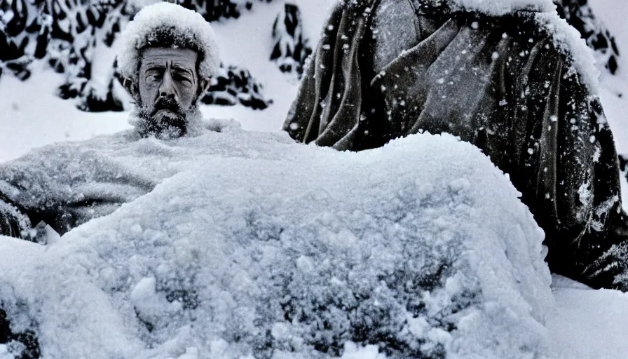 Image similar to 1 9 6 0 s movie still close up of marcus aurelius wearing legionnaire clothes frozen to death under the snow by the side of a river with gravel, pine forests, cinestill 8 0 0 t 3 5 mm, high quality, heavy grain, high detail, texture, dramatic light, anamorphic, hyperrealistic, detailed hair, bright sun