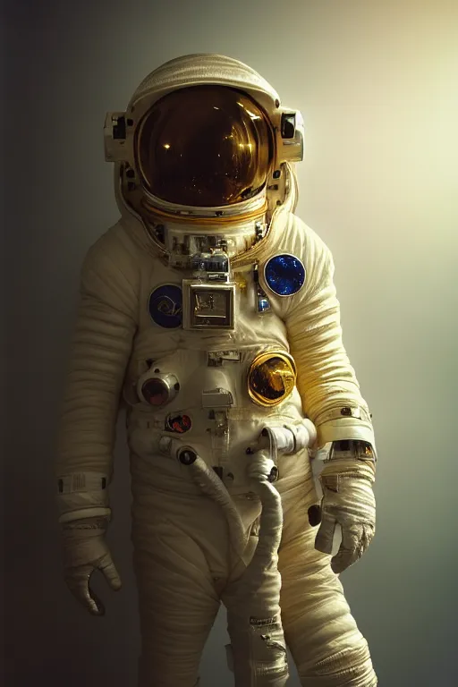 Image similar to extremely detailed studio portrait of space astronaut, helmet off, helmet on lap, full body, soft light, golden glow, award winning photo by michal karcz and yoshitaka amano