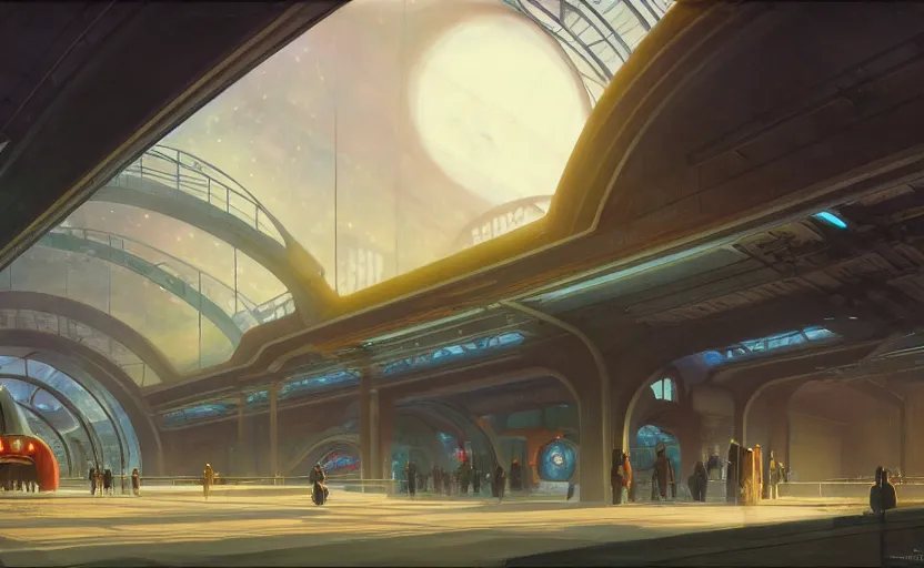 Image similar to exterior shot of utopian train station on the edge of the space with cinematic lighting by renzo piano, darek zabrocki and greg ruthkowski, alphonse mucha, simon stalenhag, cinematic, holy place, paradise, scifi, futurism, atmospheric, concept art, artstation, trending on artstation