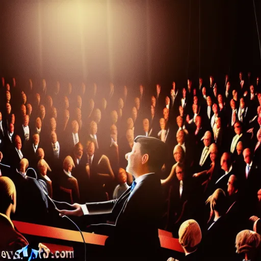 Image similar to a realistic illustration photo from the backstage of a politician giving a speach to a crowd in a theather, theres are strings attached to the politician being controled by a creature in the shadows laughing mischievously, people don't seme to notice an cherish the spaeker, wide lens, volumetric lighting,