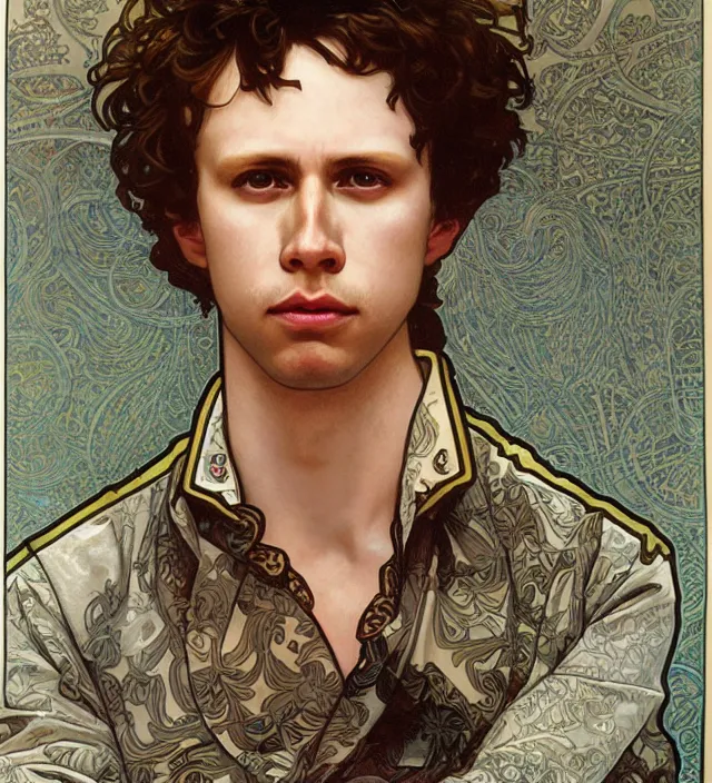 Image similar to detailed closeup portrait of napoleon dynamite by alphonse mucha, ayami kojima, yoshitaka amano