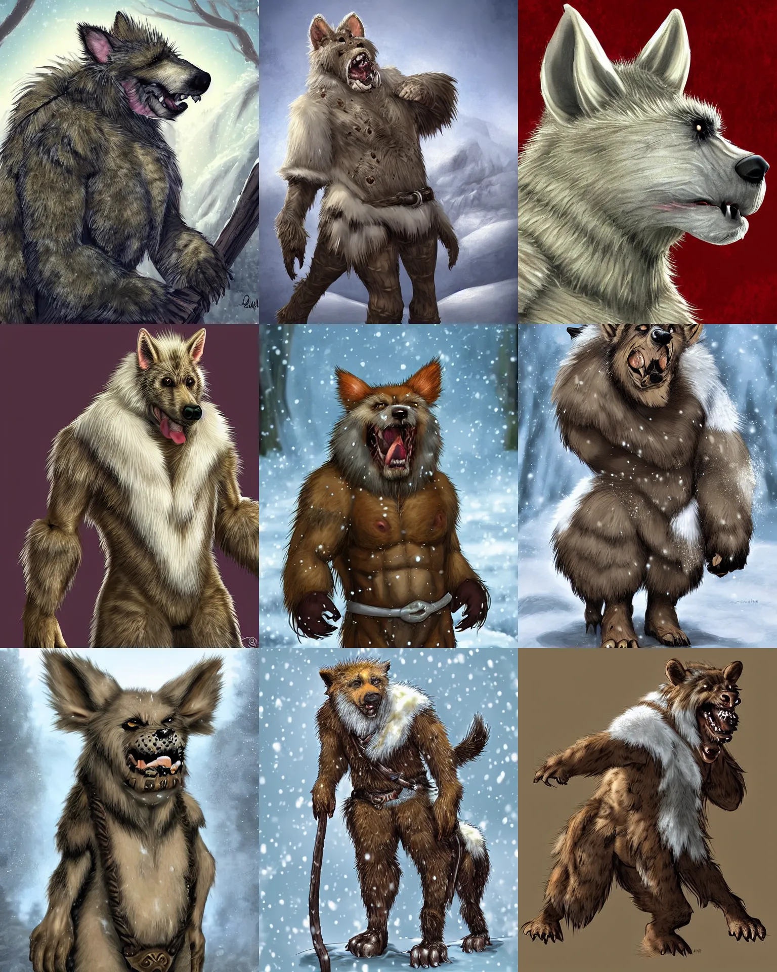 Prompt: fantasy digital art of a good ol'gnoll boy with white fur spots, pale as the first snow of winter, covering his pelt.