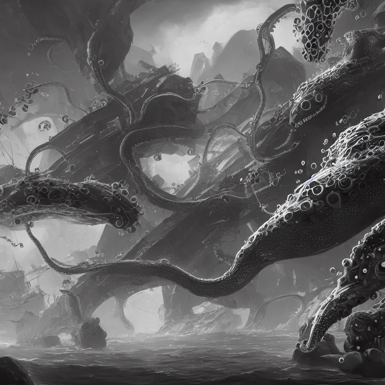 Image similar to black and white, returnal biome, city, technology, sea enemies, extra teeth, tentacles, highly detailed, digital painting, artstation, concept art, sharp focus, illustration, unreal engine 5, 8 k