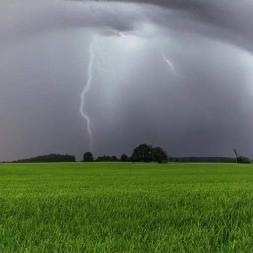 Prompt: A horrible thunderstorm overtop a field with a barn