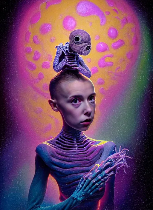 Image similar to hyper detailed 3d render of like a chiaroscuro oil painting - kawaii portrait outside spaceship (an astronaut queen with advanced suit like a skeksis from dark crystal that looks like millie bobby brown and Krysten Ritter) seen Eating of the Strangling network of yellowcake aerochrome and milky Fruit and His delicate Hands hold of gossamer polyp skeletons bring iridescent fungal flowers whose spores black the foolish stars by Jacek Yerka, Ilya Kuvshinov, Mariusz Lewandowski, Houdini algorithmic generative render, Abstract brush strokes, Masterpiece, Edward Hopper and James Gilleard, Zdzislaw Beksinski, Mark Ryden, Wolfgang Lettl, hints of Yayoi Kasuma, octane render, 8k