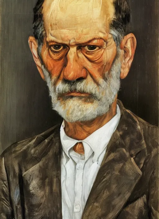 Prompt: portrait in oil of sigmund freud, by lucian freud