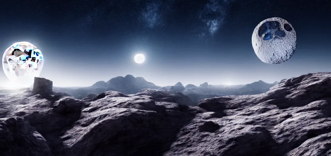 Image similar to uhd, filmic lighting, cinematic art shot, hyperrealistic, hyperdetailed, super detailed, 8 k, high resolution, moon landscape, white rocks made of bone, 8 k uhd matte painting, mega high white mountain, midnight