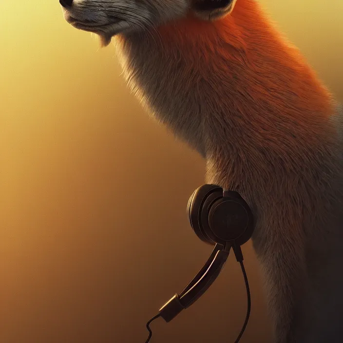 Image similar to fox with headphones, HD, 4K, intricate abstract. intricate artwork. by Tooth Wu, wlop, beeple, dan mumford, octane render, trending on artstation, greg rutkowski very coherent symmetrical artwork. cinematic, hyper realism, high detail, octane render, 8k, iridescent accents