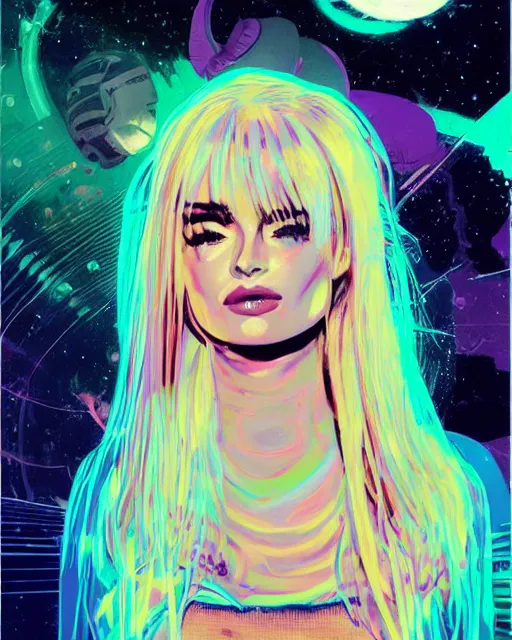 Image similar to a pulp illustration of a gorgeous kim petras in dead space, with wild blonde hair and haunted eyes, 1 9 7 0 s, space station, neon light, delicate embellishments, painterly, offset printing technique