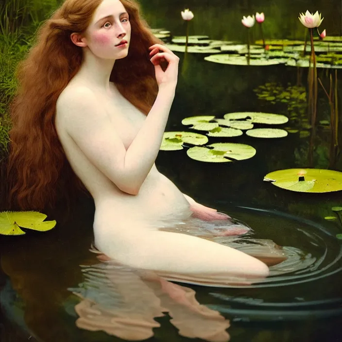 Image similar to Kodak Portra 400, 8K, soft light, volumetric lighting, highly detailed, britt marling style 3/4 ,portrait photo of a beautiful woman how pre-Raphaelites painter, the face emerges from the water of a pond with water lilies, in the pose of Ophelia Millais, a beautiful lace dress and hair are intricate with highly detailed realistic beautiful flowers , Realistic, Refined, Highly Detailed, natural outdoor soft pastel lighting colors scheme, outdoor fine art photography, Hyper realistic, photo realistic