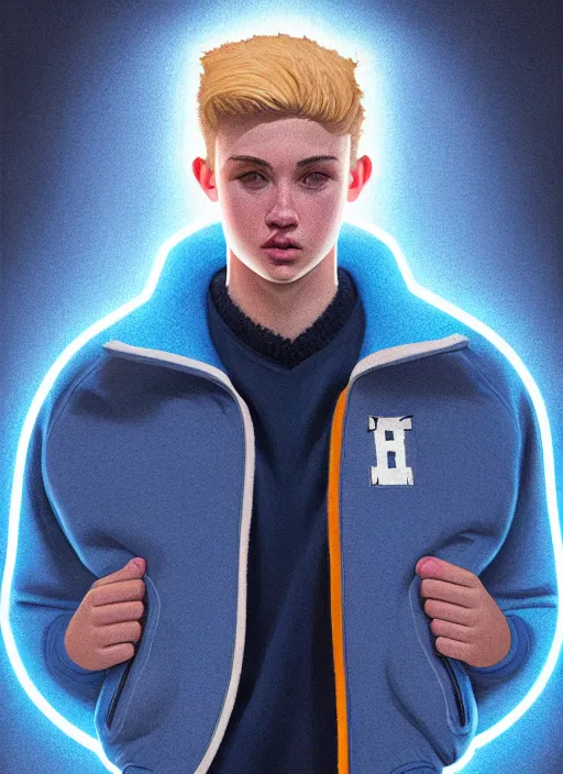 Image similar to portrait of a high school senior boy named big moose, blonde short hair, jock, beefy, wide face, square jaw, square facial structure, blue varsity jacket, intricate, elegant, glowing lights, highly detailed, digital painting, artstation, concept art, smooth, sharp focus, illustration, art by wlop, mars ravelo and greg rutkowski