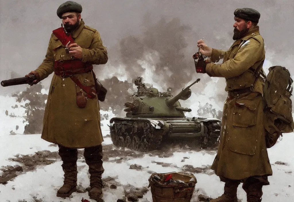 Prompt: A Soviet tankman with a short beard, wearing Sámi clothing, smoking a pipe, trending on ArtStation, 4k, oil painting by Jakub Rozalski and Alphonse Mucha