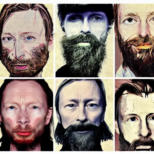Image similar to versions collage, hyper realistic, many variations of thom yorke, very old, shot beard, long beard, face variations, various emotions, lost, reflective, cybernetic, high quality, brush stroke