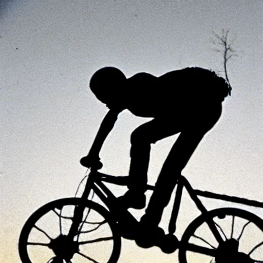 Prompt: a silhouette of a boy making a big jump with bike with basket in front of it, flying, big shiny moon on the background at night, a still of e. t. the extra - terrestrial ( 1 9 8 2 )