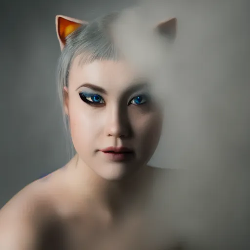 Prompt: face portrait, catgirl cosplayer, studio photography, rembrandt lighting, dark background, fog, 8 5 mm f / 1. 4