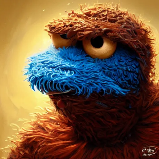 Image similar to ultra realistic illustration, cookie monster from sesame street, intricate, elegant, highly detailed, digital painting, artstation, concept art, smooth, sharp focus, illustration, art by artgerm and greg rutkowski and alphonse mucha