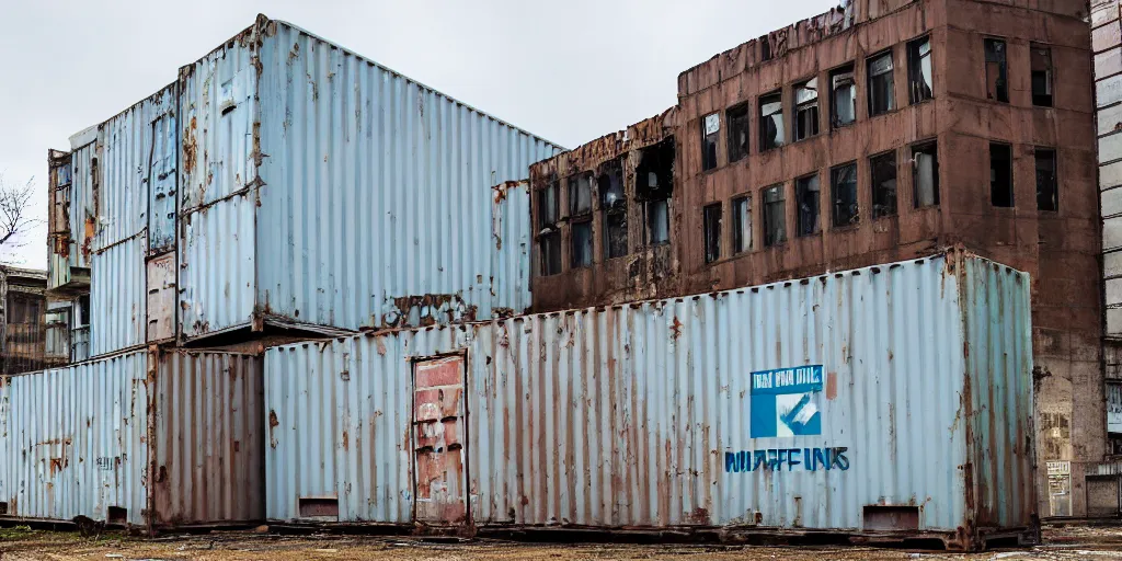 Prompt: an abandoned city hall with the door being covered by some maersk shipping containers