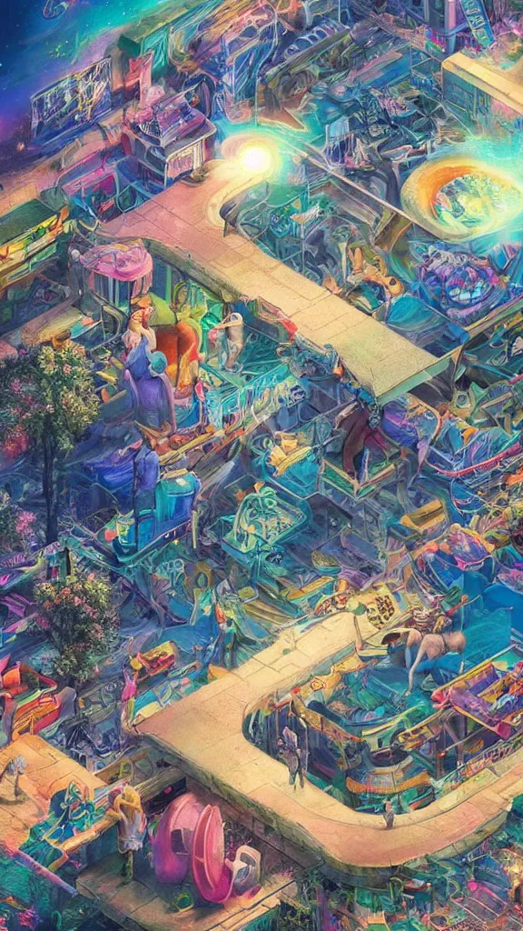 Prompt: a extremely beautiful pastel photorealistic detailed cinematic image of powerful isometric maximalist artificial imagination simulation, fine art, holographic memories, somber, dimensional, visionary, vibrant, overjoyed, emotional, compelling, by google, pinterest, david a. hardy, kinkade, lisa frank, wpa, public works mural, socialist