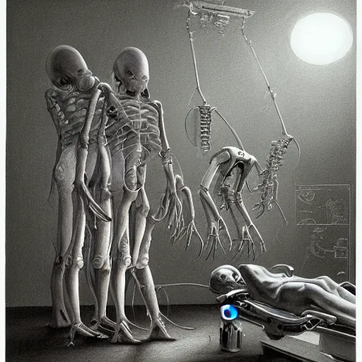 Image similar to a hyperrealistic painting of an alien surgery, robotic doctors, by john kenn mortensen and zdzislaw beksinski, highly detailed, vivid color,