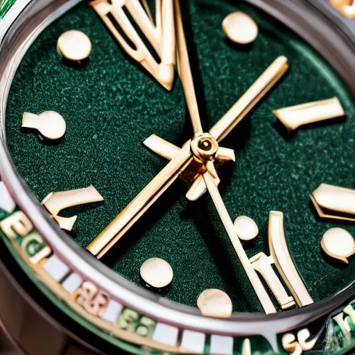 Prompt: vintage wristwatch rolex jewels green leather band numerals in japanese black display case macro photograph, intricate details