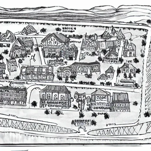 Prompt: a town map with town hall and playground sketches