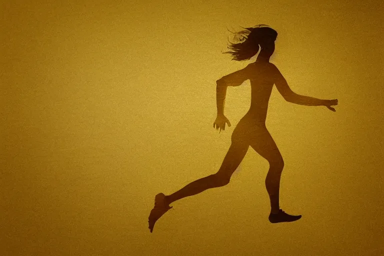 Image similar to beautiful serene running woman, exploration of motion and life, minimalistic golden and ink airbrush painting on white background