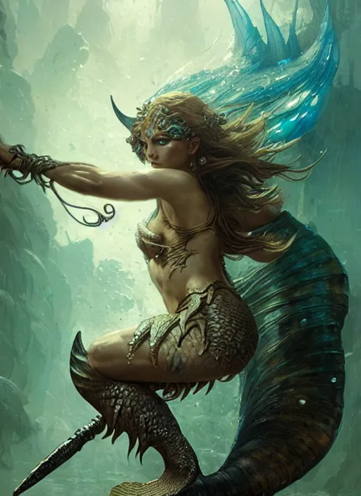 Image similar to a fierce mermaid warrior under water, fantasy character portrait, ultra realistic, concept art, intricate details, highly detailed by greg rutkowski, gaston bussiere, craig mullins, simon bisley