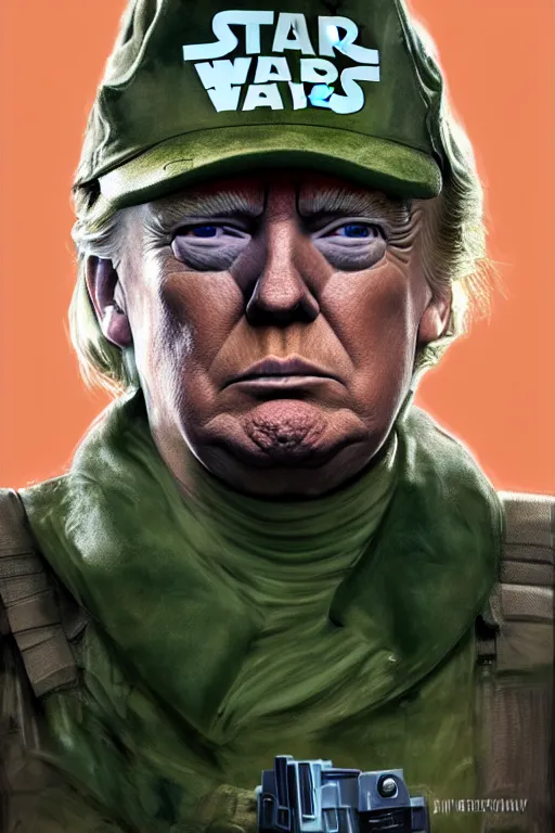 Prompt: Donald Trump as a Rebel Soldier from Star Wars, green camoflauge, realistic portrait, symmetrical, highly detailed, digital painting, artstation, concept art, smooth, sharp focus, cinematic lighting, art by Ralph McQuarry