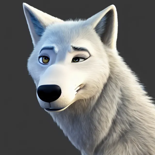 Image similar to portrait headshot of a handsome male white wolf in the style of zootopia, disney, volumetric lighting, subsurface scattering, photorealistic, octane render, random artists