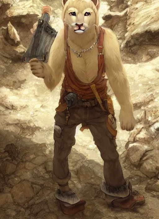 Prompt: character portrait of a anthro!!! albino mountain lion wearing miner's clothes at the mines. hidari, color page, tankoban, 4K, tone mapping, Akihiko Yoshida.