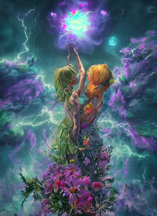 Image similar to An epic fantastic realism comic book style painting of the most beautiful entwined flowers launched across the dark galactic night sky, nebulous bouquets, fisheye, lightning creating life, unreal 5, DAZ, hyperrealistic, octane render, dynamic lighting