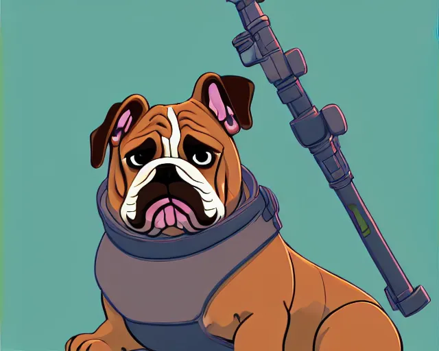 Prompt: a study of cell shaded cartoon of a bulldog puppy holding a bazooka, illustration, wide shot, subtle colors, post grunge, concept art by josan gonzales and wlop, by james jean, Victo ngai, David Rubín, Mike Mignola, Laurie Greasley, highly detailed, sharp focus, alien, Trending on Artstation, HQ, deviantart, art by artgem