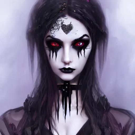 Image similar to a girl wearing a gothic outfit, edgy makeup, highly detailed, digital painting, artstation, concept art, smooth, sharp focus, illustration