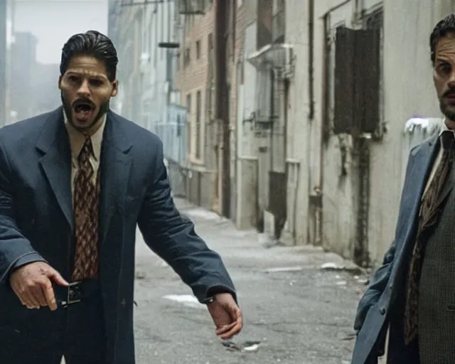 Prompt: in this scene from david chase's hbo miniseries the outfit, a supernatural mafia crime thriller about magical monster - hunting mafiosi in 9 0 s philadelphia, the main character ( joe manganiello ) is terrified when he sees a man turn into a strange ephemeral spirit of rage. realistic hd 8 k film photography, modern horror cgi vfx.