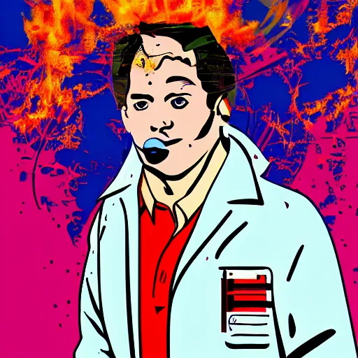 Prompt: a burning chemist in a white coat, modern pop art